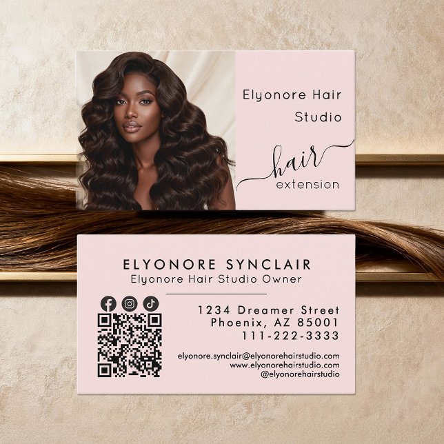 Blush Pink Script Photo QR Social Hair Extension Business Card (Creator Uploaded)