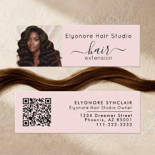 Blush Pink Script Photo QR Social Hair Extension Mini Business Card