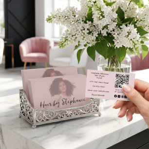 Blush Pink Script QR Code Logo Photo Hair Salon Business Card