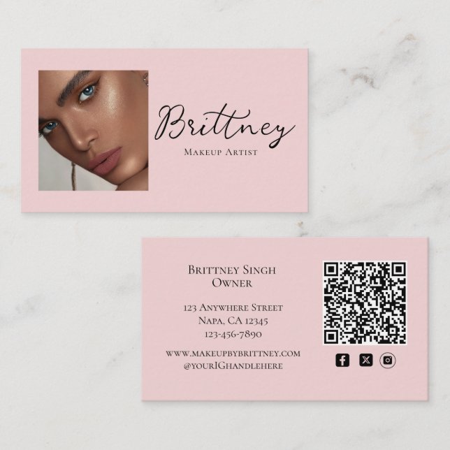 Blush Pink Script QR Code Photo Makeup Business Card (Front/Back)