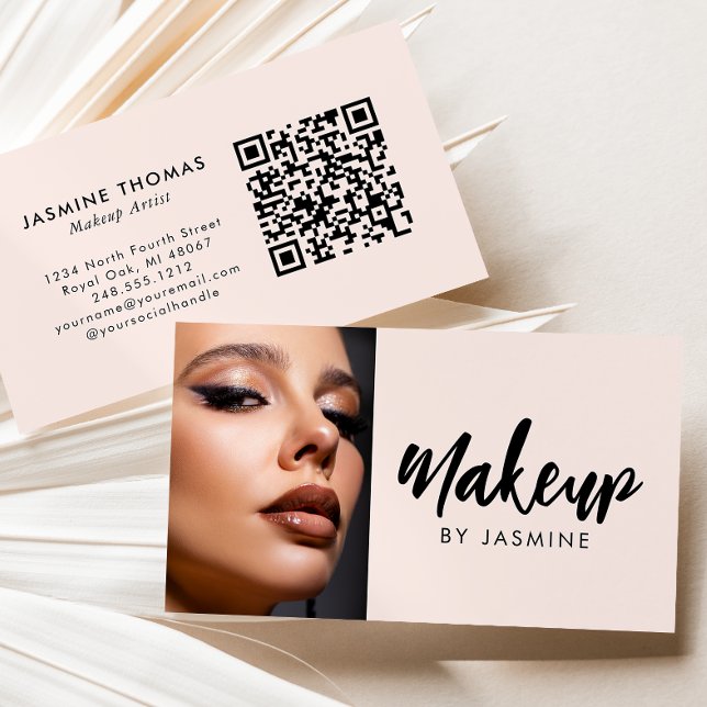 Blush Pink Script QR Code Photo Makeup Business Card (Creator Uploaded)