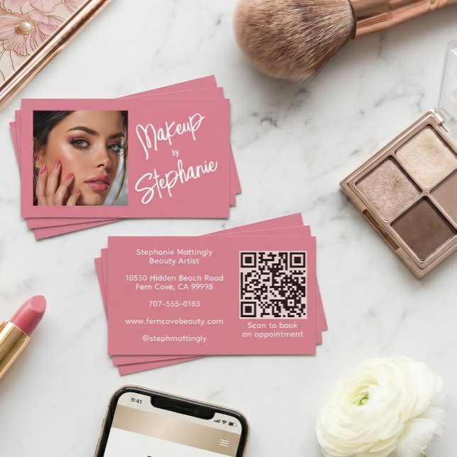 Blush Pink Script QR Code Photo Makeup Business Card (Creator Uploaded)