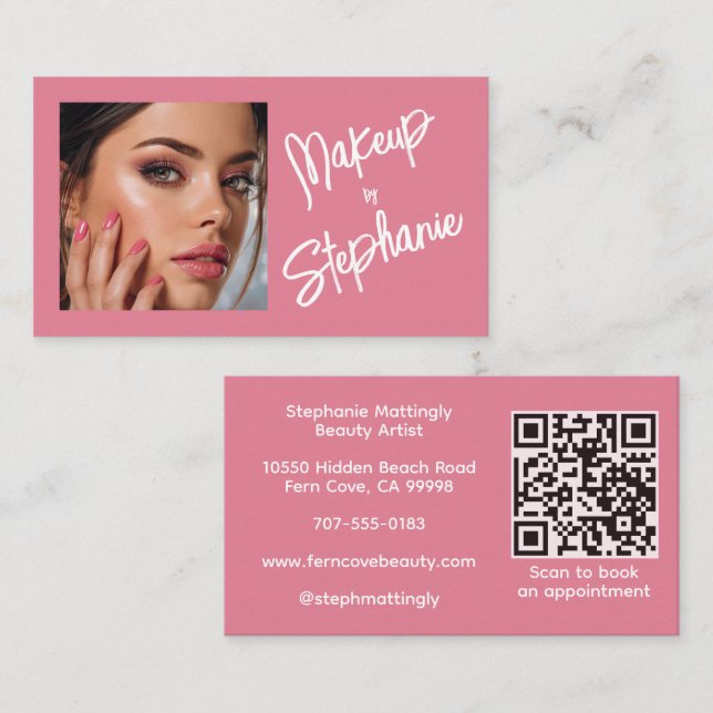 Blush Pink Script QR Code Photo Makeup Business Card (Front/Back)