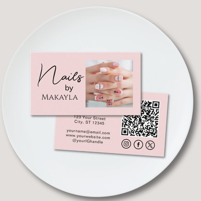 Blush Pink Script QR Code Photo Nail Salon Business Card (Creator Uploaded)