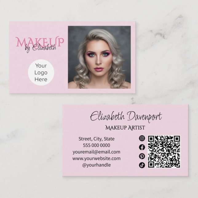 Blush Pink Script Social Icon QR Code Makeup Business Card (Front/Back)