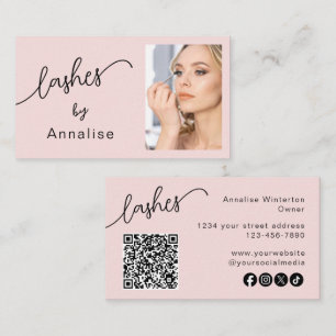 Blush Pink Script Social Icon QR Code Photo Lashes Business Card