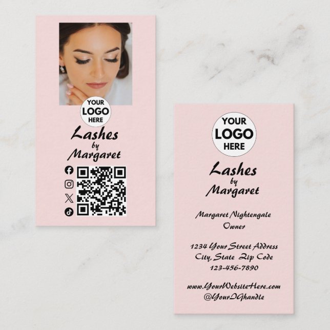Blush Pink Script Social Icon QR Code Photo Lashes Business Card (Front/Back)