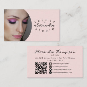 Blush Pink Script Social Icon QR Code Photo Lashes Business Card