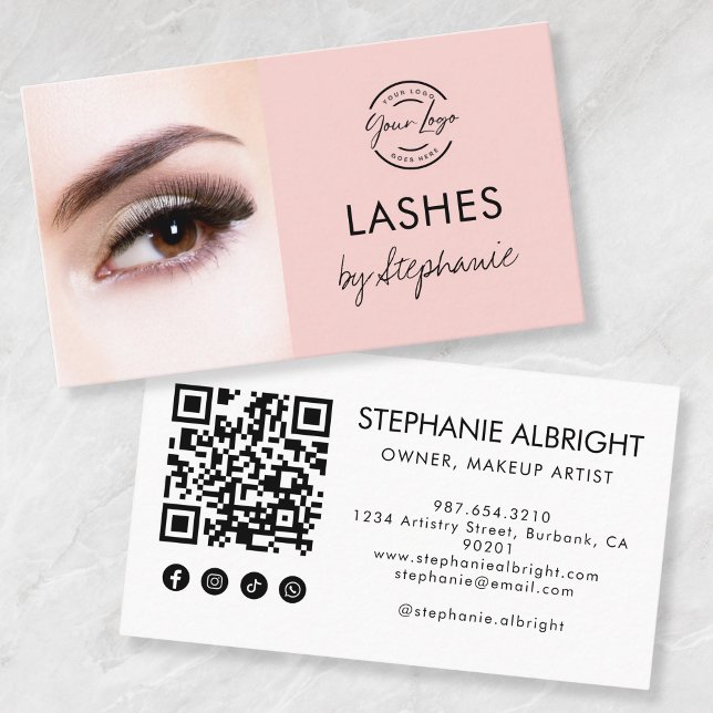 Blush Pink Script Social Icon QR Code Photo Lashes Business Card (Creator Uploaded)