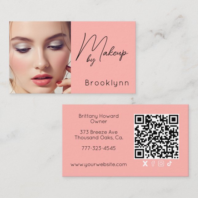 Blush Pink Script Social Icon QR Code Photo Makeup Business Card (Front/Back)