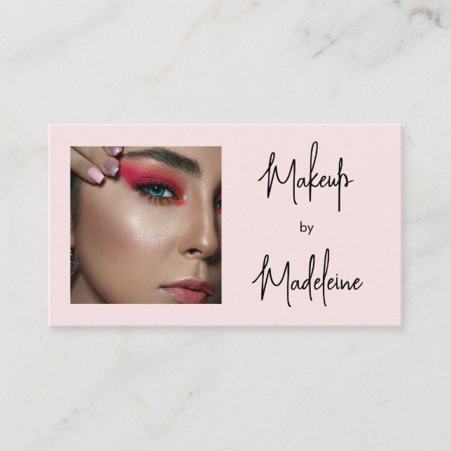 Blush Pink Script Social Icon QR Code Photo Makeup Business Card (Front)