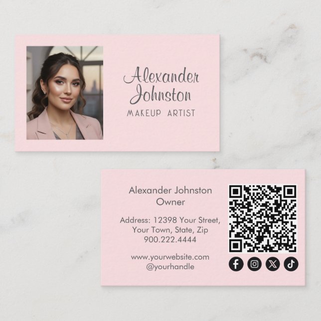 Blush Pink Script Social Icon QR Code Photo Makeup Business Card (Front/Back)