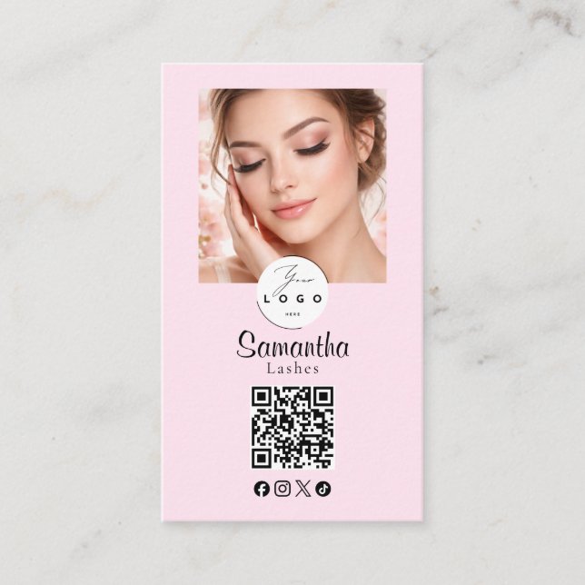 Blush Pink Script Social Icon QR Code Photo Makeup Business Card (Front)