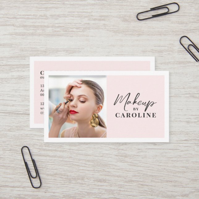 Blush Pink Script Social Icon QR Code Photo Makeup Business Card (Front/Back In Situ)