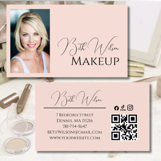 Blush Pink Script Social Icon QR Code Photo Makeup Business Card