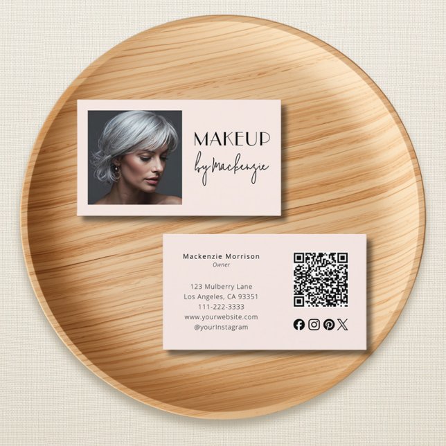 Blush Pink Script Social Icon QR Code Photo Makeup Business Card (Creator Uploaded)