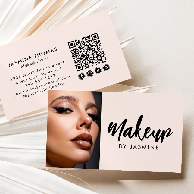 Blush Pink Script Social Icon QR Code Photo Makeup Business Card (Creator Uploaded)