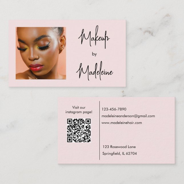 Blush Pink Script Social Icon QR Code Photo Makeup Business Card (Front/Back)