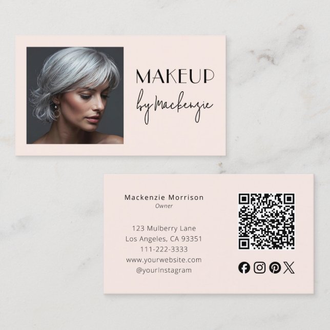 Blush Pink Script Social Icon QR Code Photo Makeup Business Card (Front/Back)