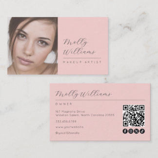 Blush Pink Script Social Icon QR Code Photo Makeup Business Card