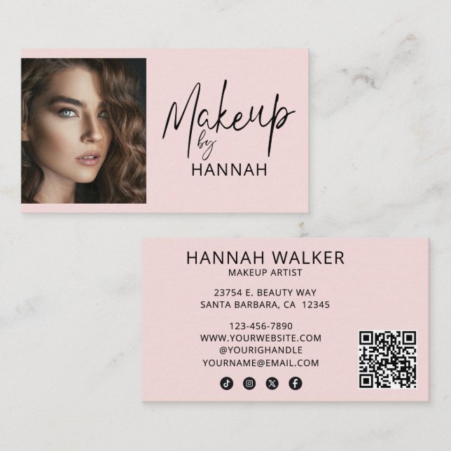 Blush Pink Script Social Icon QR Code Photo Makeup Business Card (Front/Back)