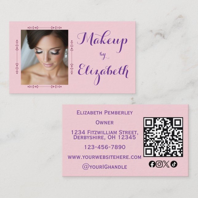 Blush Pink Script Social Icon QR Code Photo Makeup Business Card (Front/Back)
