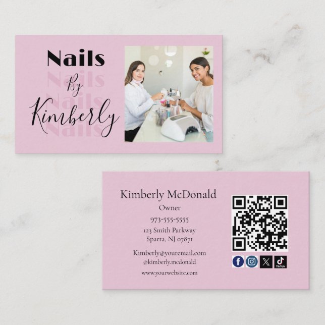 Blush Pink Script Social Icon QR Code Photo Nails Business Card (Front/Back)