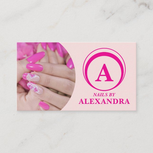 Blush Pink Script Social Icon QR Code Photo Nails Business Card (Front)