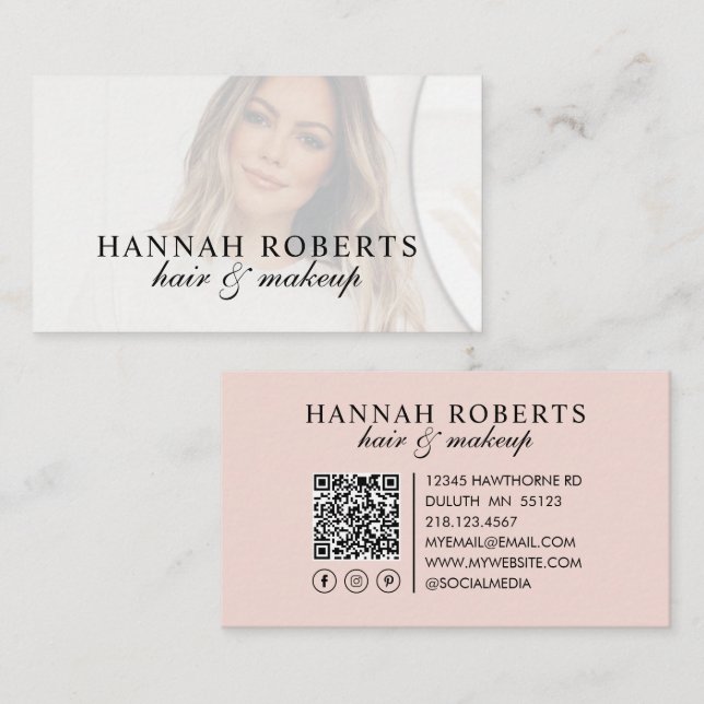 Blush Pink Script Social QR Code Photo Hair Makeup Business Card (Front/Back)
