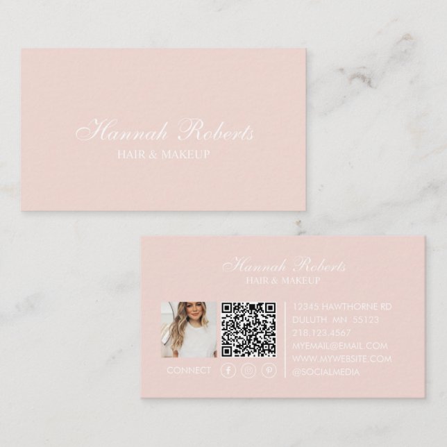 Blush Pink Script Social QR Code Photo Hair Makeup Business Card (Front/Back)