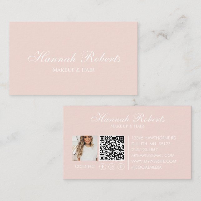 Blush Pink Script Social QR Code Photo Hair Makeup Business Card (Front/Back)