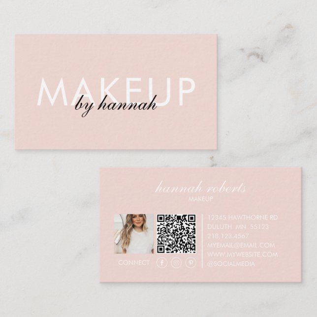 Blush Pink Script Social QR Code Photo Makeup Business Card (Front/Back)