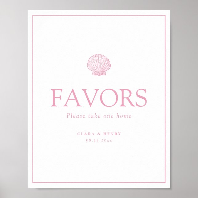 Blush Pink Seashell Coastal Wedding Favours Sign (Front)