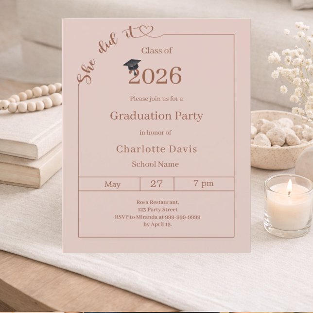Blush Pink She did it Graduation party invitation (Creator Uploaded)