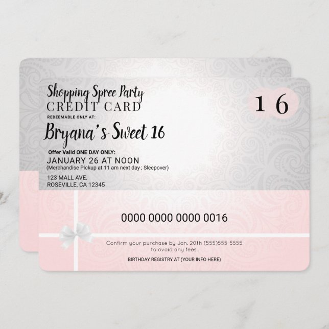 Blush Pink Shopping Spree Credit Sweet 16 Party Invitation (Front/Back)