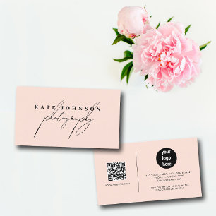 Blush Pink Signature Script QR Code Social Media Business Card