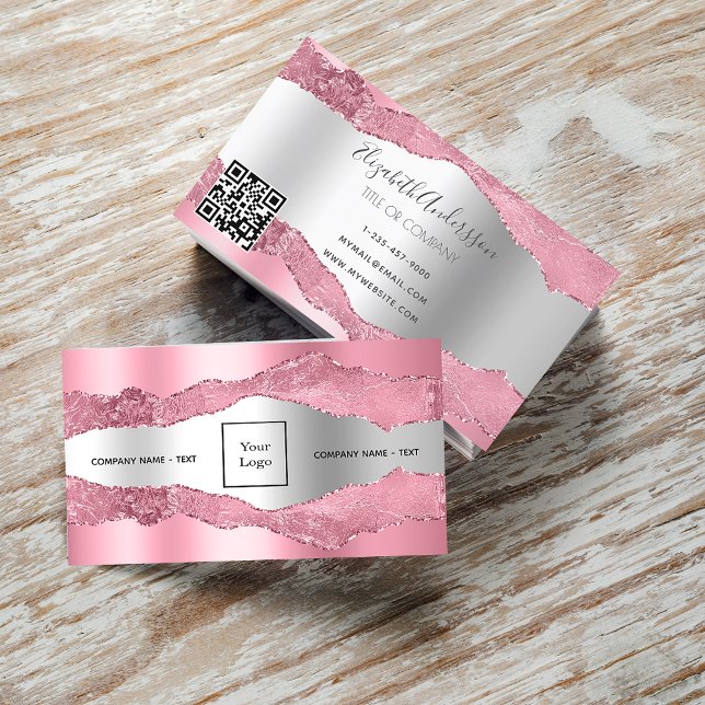 Blush pink silver agate marble logo QR code Business Card (Creator Uploaded)