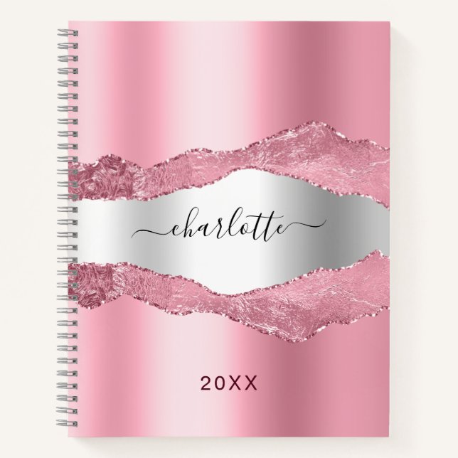 Blush pink silver agate marble name  notebook (Front)
