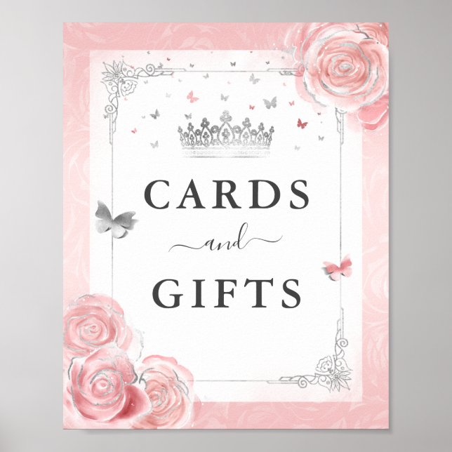 Blush Pink Silver Cards Gifts Tabletop Party Sign (Front)