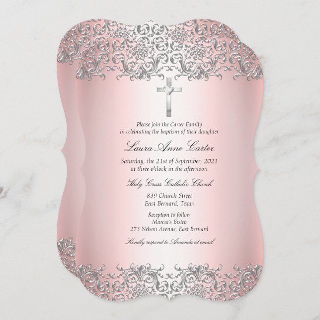 Blush Pink Silver Damask Cross Baptism Christening Invitation (Front/Back)
