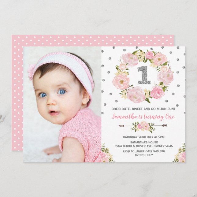 Blush Pink Silver Floral First 1st Birthday Invite (Front/Back)