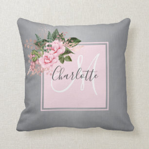 Blush pink silver floral monogram throw pillow
