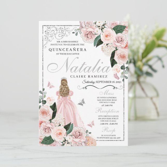 Blush Pink Silver Floral Princess Quinceanera Invitation (Standing Front)