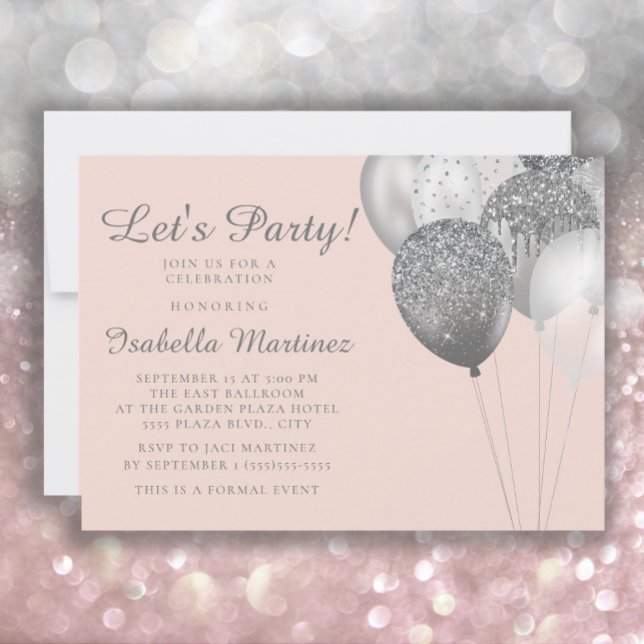 Blush Pink Silver Glitter Balloons Sweet 16  Invitation (Creator Uploaded)