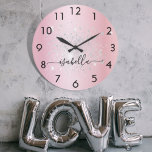 Blush pink silver glitter dust metal name script large clock<br><div class="desc">A blush pink faux metallic looking background,  decorated with faux silver glitter dust.  Personalise and add your name written with a trendy hand lettered style script with swashes.
To keep the swashes only delete the sample name,  leave the spaces or emoji's in front and after the name.</div>