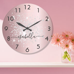 Blush pink silver glitter dust metal name script large clock