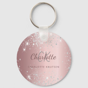 Blush pink silver glitter dust monogram name key ring