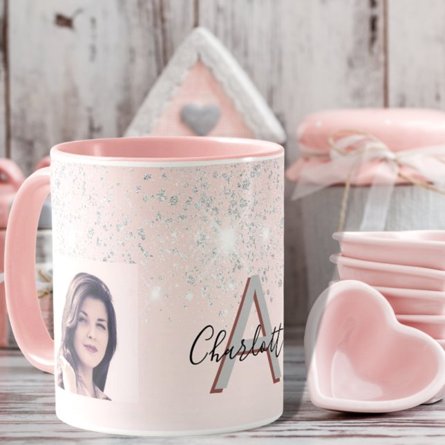 Blush pink silver glitter dust photo monogram  mug (Creator Uploaded)