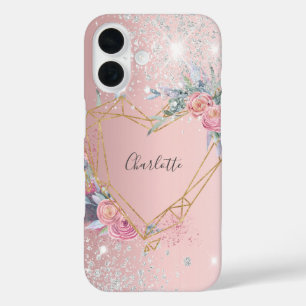 Blush pink silver glitter floral iPhone 16 case