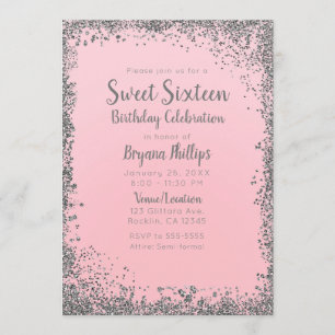 Blush Pink & Silver Glitter Glam Sweet 16 Party Invitation